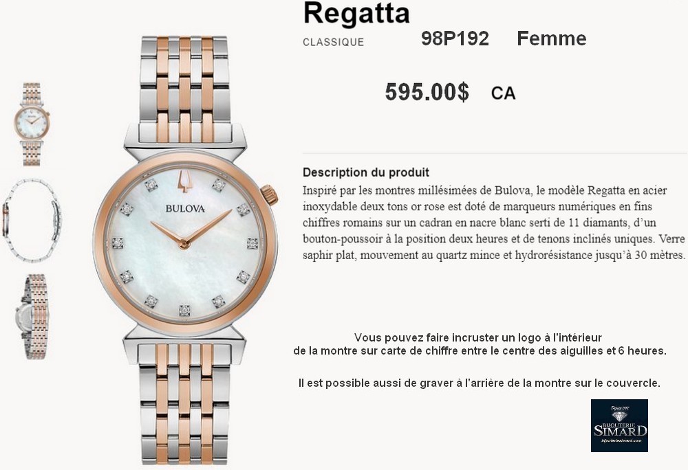 Montre Bulova femme Regatta
2 tons rosé et diamants reg 595.00$